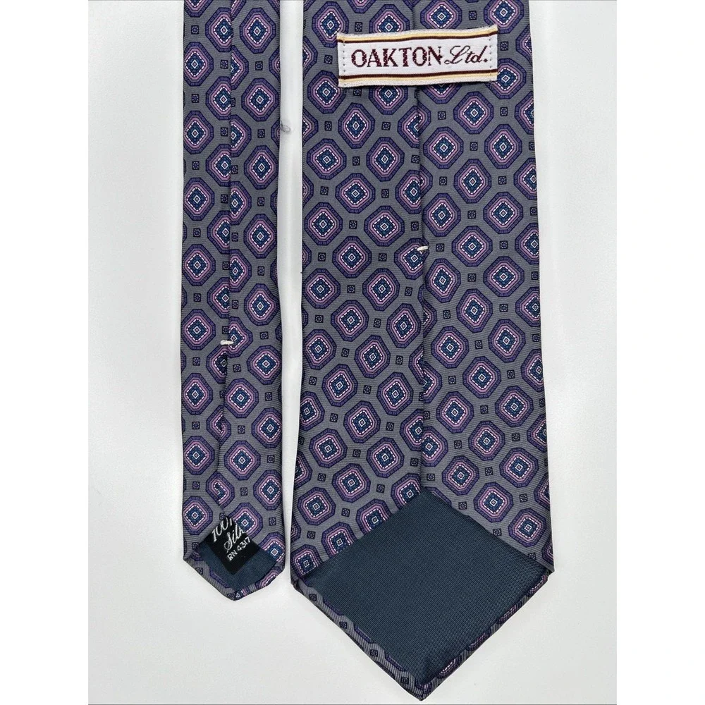 Oakton Ltd Men's 100% Silk Neck Tie, Geometric Purple, Pink, Blue On Gray Formal